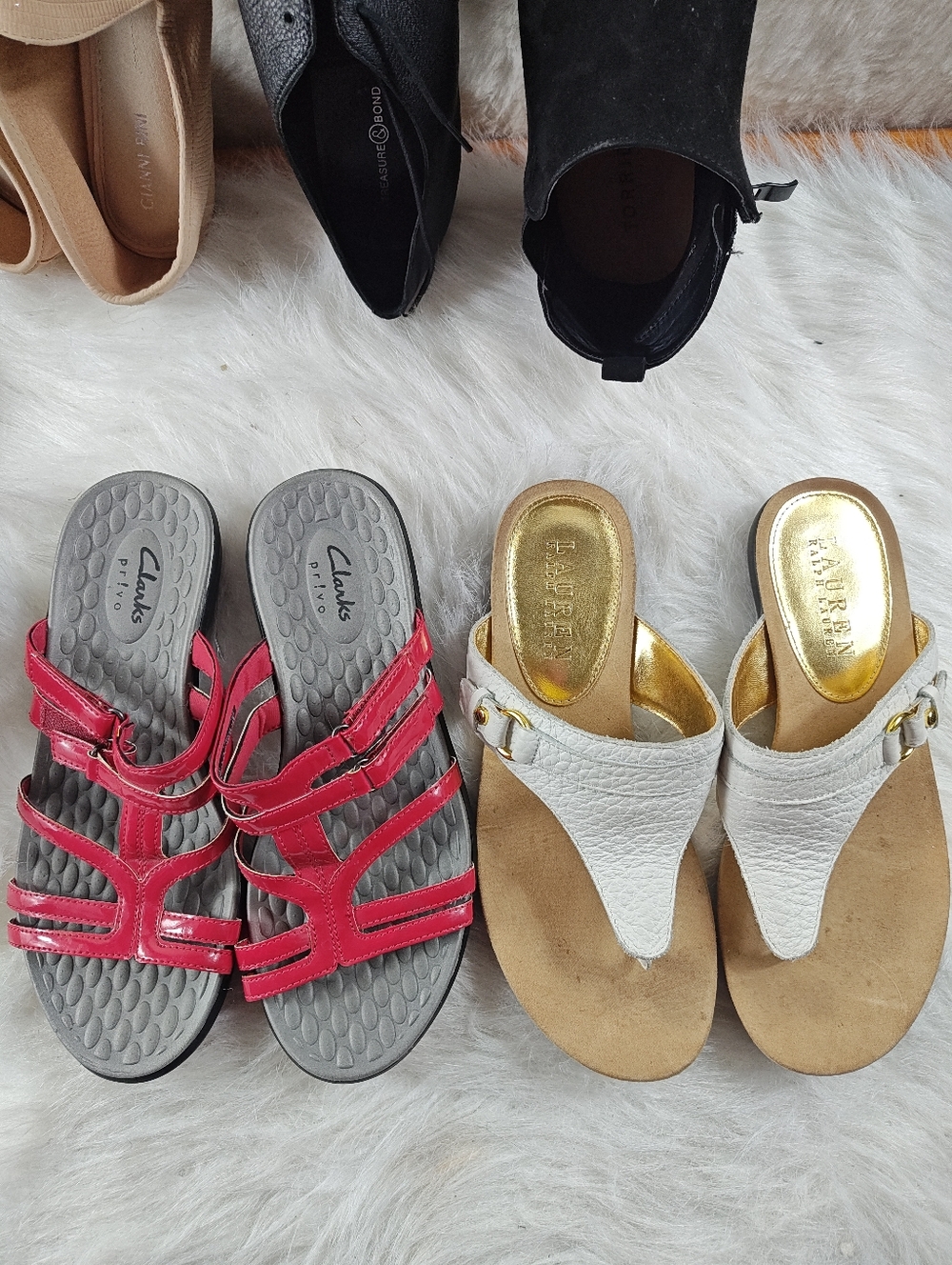 Lauren Ralph Lauren Kendra Gold & White Flip Flops + Clarks Privo Slide Size 7.5